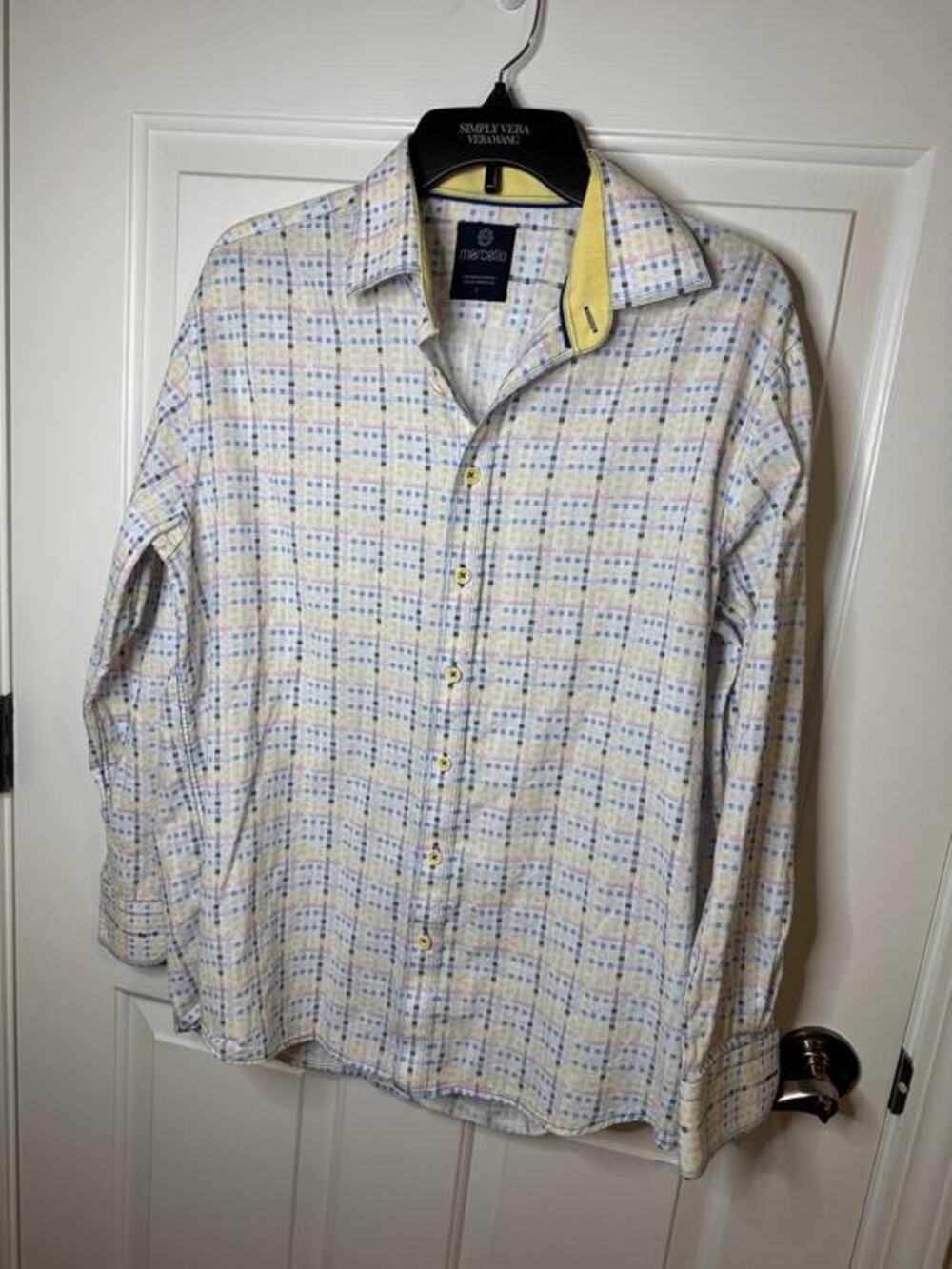 Marcello Men's Sport 100% Cotton Button Down Shaded Rainbow White Blue Yellow L